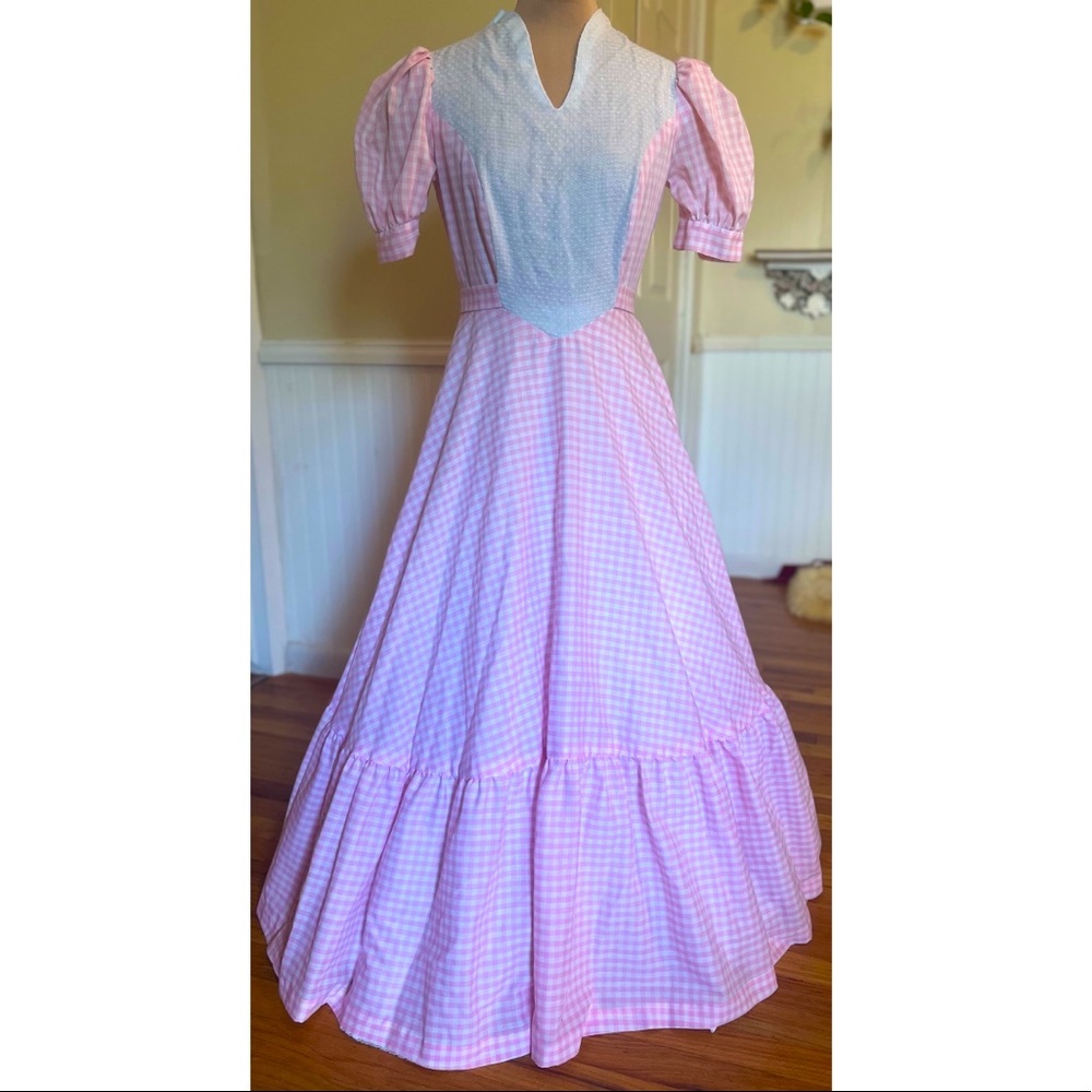 Vintage Pink and White Gingham Prairie Dress with Full Skirt Size XXS/XS